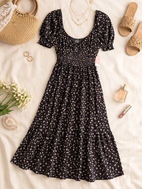 Arula B Maxi Dress Woman 2X Black Floral Smocked Puff Sleeve Boho Cottagecore